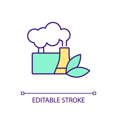 Sürdürülebilir endüstri RGB renk simgesi. Kirliliği ve temiz üretimi azaltıyor. Dekarbonizasyon. İzole vektör çizimi. Basit bir çizgi çizimi. Düzenlenebilir felç. Kullanılan Arial yazı tipi