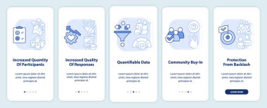 Mobil uygulama ekranında açık mavi dijital nişan avantajları. Doğrusal kavramlarla birlikte düzenlenebilir 5 adımda yürü. UI, UX, GUI şablonu. Kullanılan sayısız Pro-Kalın, Düzenli yazı tipleri