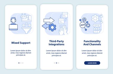 Müşteri nişan platformu açık mavi mobil uygulama ekranı içerir. Doğrusal kavramlarla birlikte düzenlenebilir üç adımda yürü. UI, UX, GUI şablonu. Kullanılan sayısız Pro-Kalın, Düzenli yazı tipleri