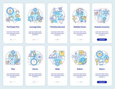Supply chain priorities and parts onboarding mobile app screen set. Walkthrough 5 steps editable graphic instructions with linear concepts. UI, UX, GUI template. Myriad Pro-Bold, Regular fonts used