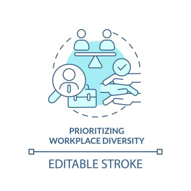 Prioritizing workplace diversity turquoise concept icon. Example of ethical behavior abstract idea thin line illustration. Isolated outline drawing. Editable stroke. Arial, Myriad Pro-Bold fonts used