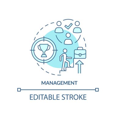 Yönetim turkuaz konsept simgesi. İş yeri kültürünü etkileyen soyut fikir ince çizgili illüstrasyon. Kariyer gelişimi. İzole bir taslak çizim. Düzenlenebilir felç. Arial, Myriad Pro-Kalın yazı tipleri
