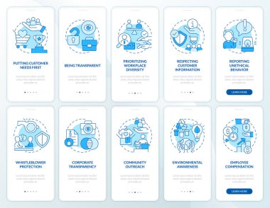 Moral standards to business blue onboarding mobile app screen set. Walkthrough 5 steps editable graphic instructions with linear concepts. UI, UX, GUI template. Myriad Pro-Bold, Regular fonts used
