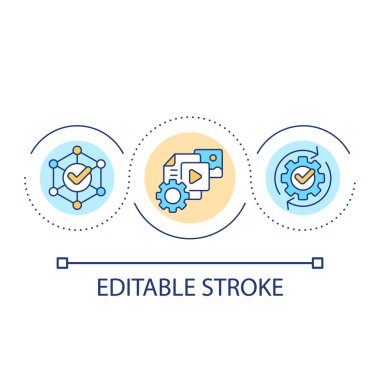 Sağ içerik döngü konsepti simgesi oluşturuyor. Ürün bilgi materyallerini paylaş. Reklam kampanyası soyut fikir ince çizgi çizimi. İzole bir taslak çizim. Düzenlenebilir felç. Kullanılan Arial yazı tipi