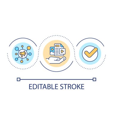 Sosyal medya döngü konsepti içeriği. SMM stratejisi. İş tanıtımı online soyut fikir ince çizgi çizimi. İzole bir taslak çizim. Düzenlenebilir felç. Kullanılan Arial yazı tipi