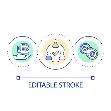 Topluluk oluşturma döngüsü konsepti simgesi. İletişim kuran insanlar için tatmin edici. Çevrimiçi iletişim fikri soyut ince çizgi çizimi. İzole bir taslak çizim. Düzenlenebilir felç. Kullanılan Arial yazı tipi