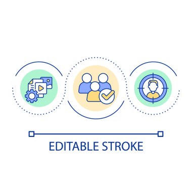 Müşteri döngüsü konsept simgenizi bulun. Analiz izleyicilerin ilgisini ve ilgisini çeker. Çevrimiçi iş fikri soyut ince çizgi çizimi. İzole bir taslak çizim. Düzenlenebilir felç. Kullanılan Arial yazı tipi