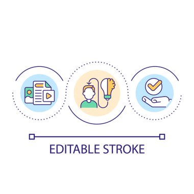 E öğrenim kaynakları kavram simgesi döngüsü. İnternetten eğitime erişim. Öğrenci fırsatı. Soyut fikir ince çizgi çizimi geliştirme. İzole bir taslak çizim. Düzenlenebilir felç. Kullanılan Arial yazı tipi