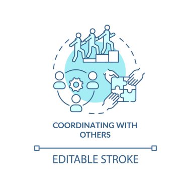 Diğer turkuaz konsept simgeleriyle koordine ediliyor. Ekibin yeni üyesi. Biniş süreci soyut fikir ince çizgi çizimi. İzole bir taslak çizim. Düzenlenebilir felç. Arial, Myriad Pro-Kalın yazı tipleri