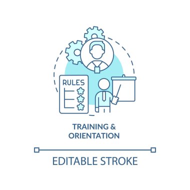 Eğitim ve oryantasyon turkuaz konsept simgesi. Şirket kuralları. Biniş süreci soyut fikir ince çizgi çizimi. İzole bir taslak çizim. Düzenlenebilir felç. Arial, Myriad Pro-Kalın yazı tipleri