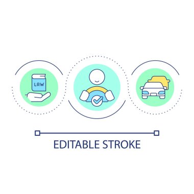 Sürücü kuralları ve yönetmelikler döngü konsepti simgesi. İyi yolculuklar. Araba kazası önleme soyut fikir ince çizgi çizimi. İzole bir taslak çizim. Düzenlenebilir felç. Kullanılan Arial yazı tipi