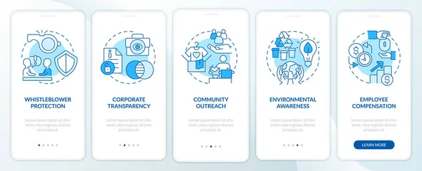 Ethical Organizational Behavior Blue Onboarding Mobile App Screen Walkthrough Steps — Vettoriale Stock