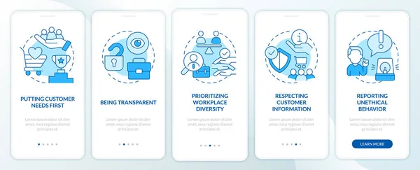Ethics Customer Dealings Blue Onboarding Mobile App Screen Walkthrough Steps — Stockový vektor