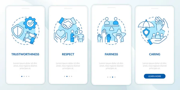 Business Ethics Components Blue Onboarding Mobile App Screen Walkthrough Steps — Stockový vektor