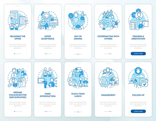 Developing Employee Integration Blue Onboarding Mobile App Screen Set Walkthrough — Archivo Imágenes Vectoriales