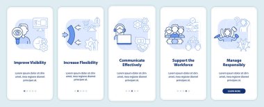 Mobil uygulama ekranında lojistik açık mavi üzerine etkili. Doğrusal kavramlarla düzenlenebilir grafik yönergelerini 5 adımda gezdir. UI, UX, GUI şablonu. Kullanılan sayısız Pro-Kalın, Düzenli yazı tipleri