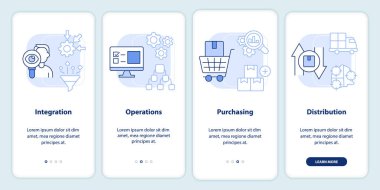 Elements of SCM light blue onboarding mobile app screen. Walkthrough 4 steps editable graphic instructions with linear concepts. UI, UX, GUI template. Myriad Pro-Bold, Regular fonts used