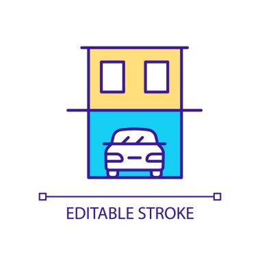 RGB renk simgesinin altındaki garaj. Güvenli araç deposu. Bodrum garajı. Güvenlik önlemi. İzole vektör çizimi. Basit bir çizgi çizimi. Düzenlenebilir felç. Kullanılan Arial yazı tipi