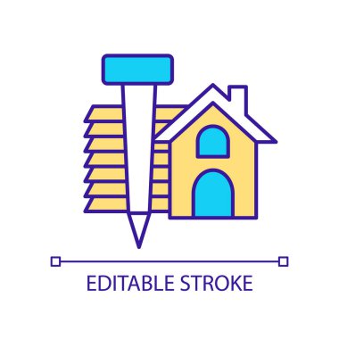 Kasırgaya dayanıklı ev yapımı RGB renk simgesi. Panjurlu, fırtınaya dayanıklı bir ev. Dayanıklı malzemeler. İzole vektör çizimi. Basit bir çizgi çizimi. Düzenlenebilir felç. Kullanılan Arial yazı tipi