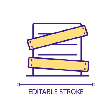 Kapılar ve pencereler RGB renk simgesi ile kaplanıyor. Kasırga hazırlığı. Hasar riski önleme. Korunma. İzole vektör çizimi. Basit bir çizgi çizimi. Düzenlenebilir felç. Kullanılan Arial yazı tipi