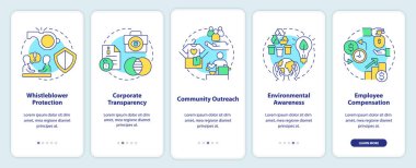 Mobil uygulama ekranında iş yerinde etik davranış. Doğrusal kavramlarla düzenlenebilir grafik yönergelerini 5 adımda gezdir. UI, UX, GUI şablonu. Kullanılan sayısız Pro-Kalın, Düzenli yazı tipleri