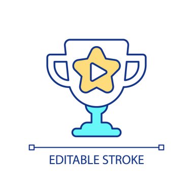 RGB renk simgesi oluşturma videosunda başarı. Fincan ve çalma düğmesi. Kazanana ödül. Kupa. İzole vektör çizimi. Basit bir çizgi çizimi. Düzenlenebilir felç. Kullanılan Arial yazı tipi
