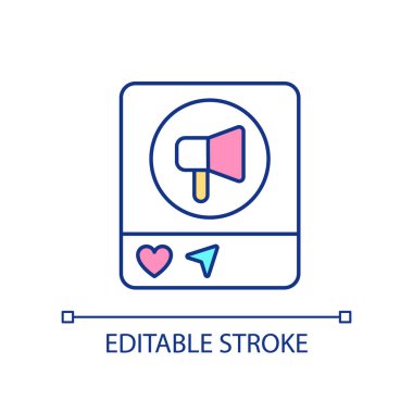 Sosyal medya RGB renk simgesinde reklam paylaşımı. Ürünü izleyicilere sunuyorum. Müşterilerle iletişim. İzole vektör çizimi. Basit bir çizgi çizimi. Düzenlenebilir felç. Kullanılan Arial yazı tipi