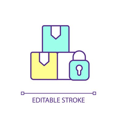 Kargo ve RGB renk simgesini kilitle. Ticari sürüş. Mal paketi. Sevkiyat ve teslimat. Depo. İzole vektör çizimi. Basit bir çizgi çizimi. Düzenlenebilir felç. Kullanılan Arial yazı tipi