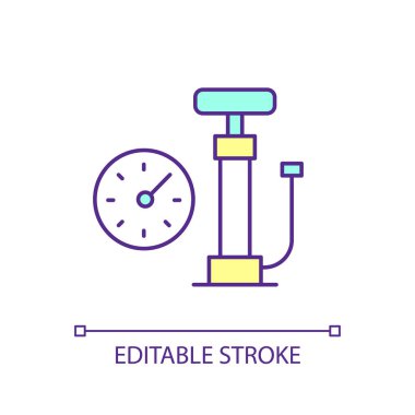 Lastik pompası RGB renk simgesi. Araçlar için hava enflasyonu. Kompresör. Lastik basıncı ölçümü. İzole vektör çizimi. Basit bir çizgi çizimi. Düzenlenebilir felç. Kullanılan Arial yazı tipi