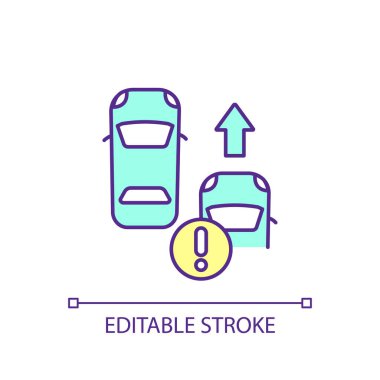 RGB renk simgesi sollanıyor. Yol şeridi. Başka bir arabanın yanından geçen bir araç. Dikkatli ve dikkatli ol. İzole vektör çizimi. Basit bir çizgi çizimi. Düzenlenebilir felç. Kullanılan Arial yazı tipi