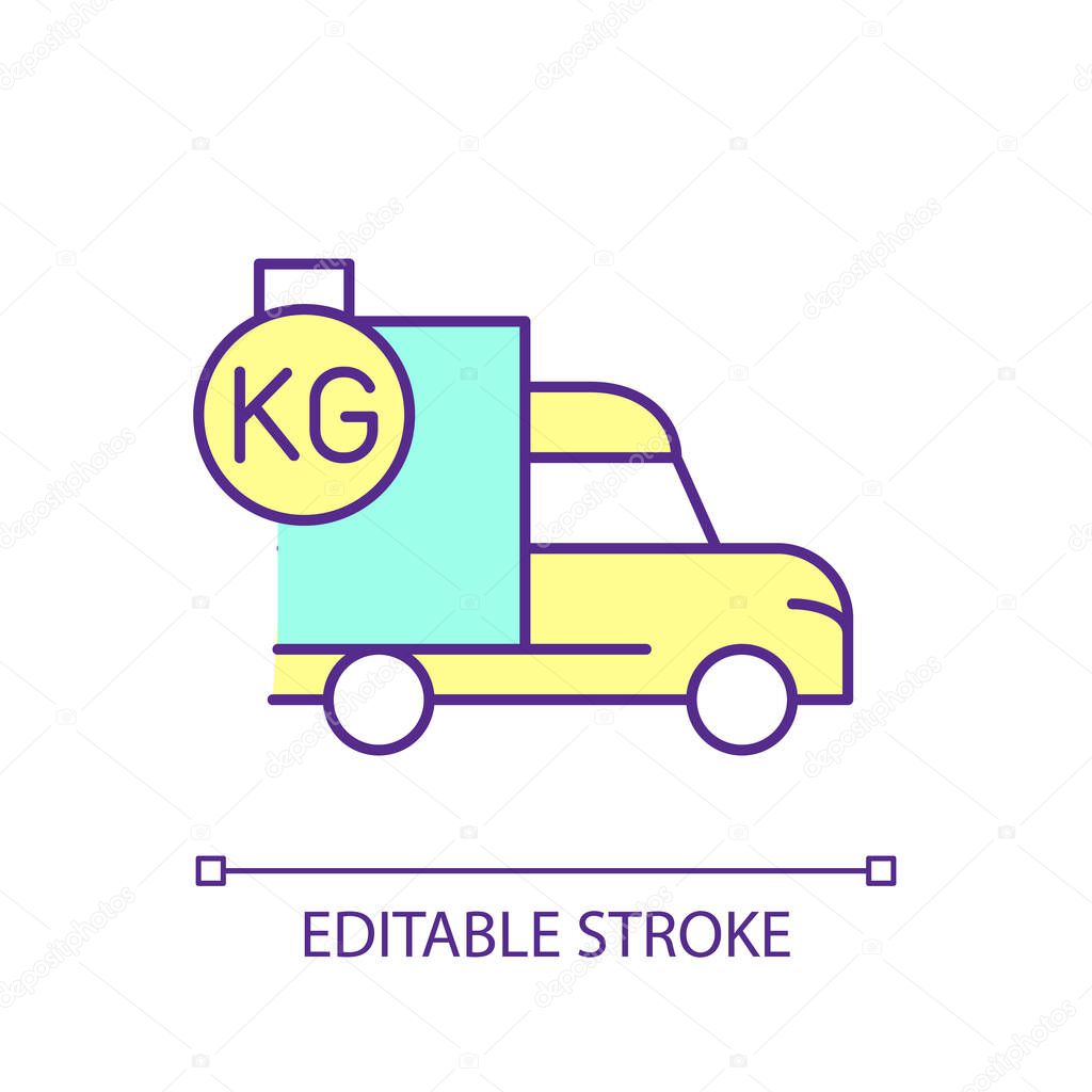 Heavy weight truck RGB color icon. Commercial driving. Shipment and courier service. Transportation. Isolated vector illustration. Simple filled line drawing. Editable stroke. Arial font used
