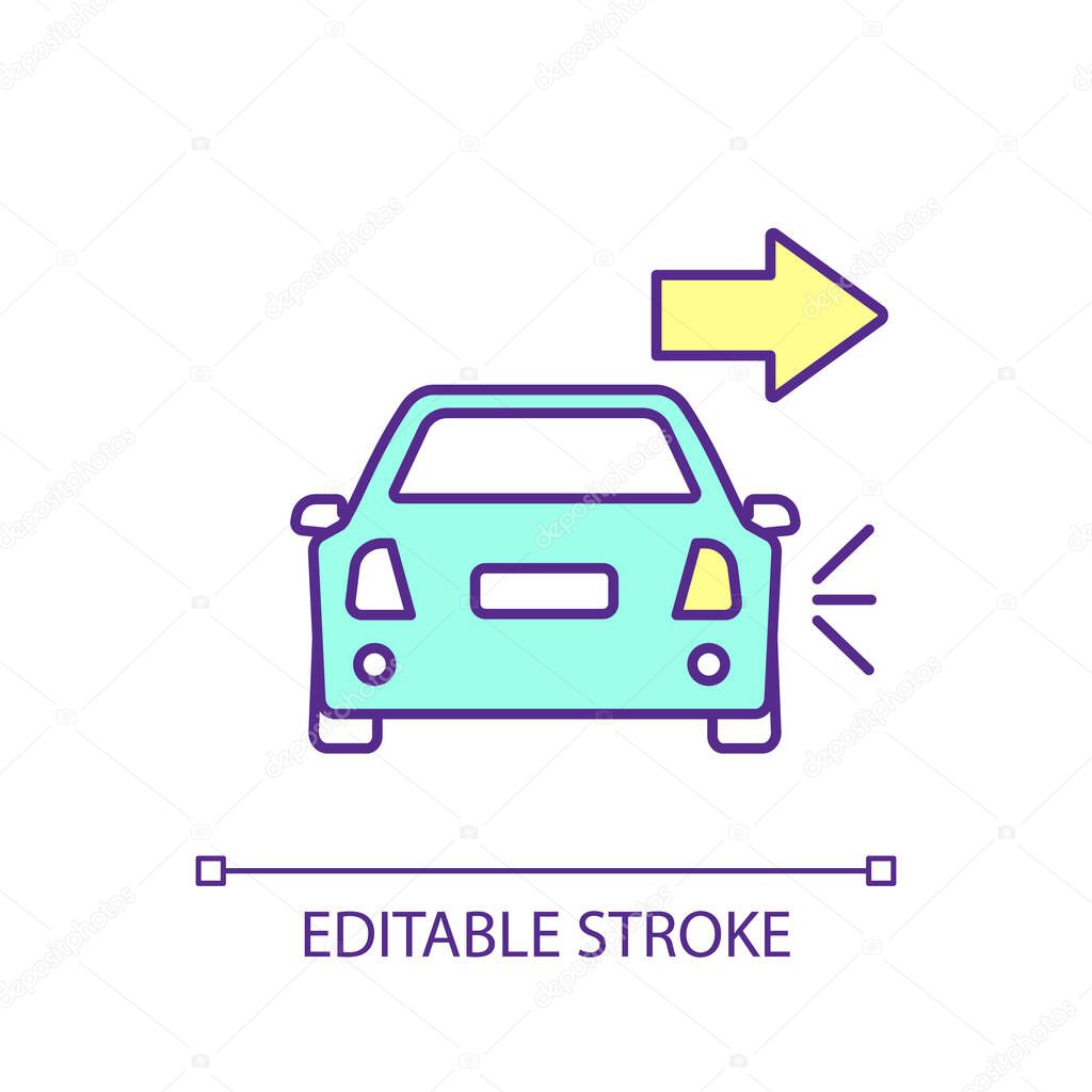 Right blinker RGB color icon. Direction indicator lamp. Turn signal. Automotive lighting. Lane change. Isolated vector illustration. Simple filled line drawing. Editable stroke. Arial font used