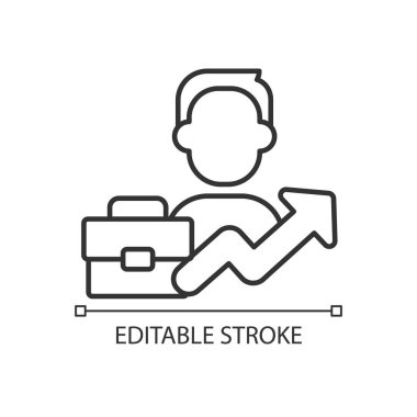 Kariyer tanıtımı doğrusal simgesi. Başarılı bir gelişme. Girişimci büyümesi. Şirket başarıları. İnce çizgili çizim. Contour sembolü. Vektör çizimi. Düzenlenebilir felç. Kullanılan Arial yazı tipi