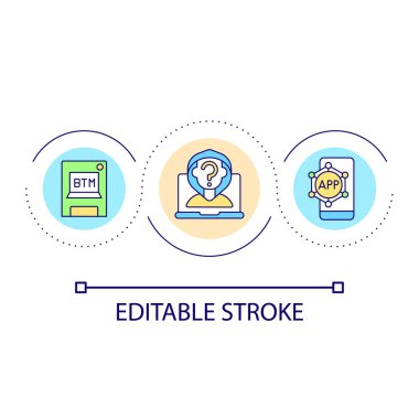 Kripto para döngüsü konsept ikonu ile güvenli işlemler. Satın al ve sat. Kripto Cash hisse senedi soyut fikir ince çizgi çizimi. İzole bir taslak çizim. Düzenlenebilir felç. Kullanılan Arial yazı tipi
