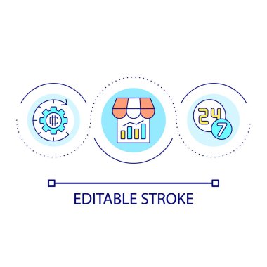 Kripto ticaret döngüsü konsepti simgesi. Devamlı hizmet. Dijital para birimi mağazası. Ticaret fikri soyut ince çizgi çizimi. İzole bir taslak çizim. Düzenlenebilir felç. Kullanılan Arial yazı tipi