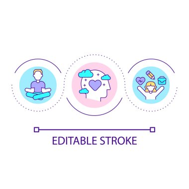 Ahenk zihniyeti döngü konsepti simgesi. Hayat ve iş dengesi. Akıl sağlığı ve sağlığın soyut fikri ince çizgi çizimi. İzole bir taslak çizim. Düzenlenebilir felç. Kullanılan Arial yazı tipi
