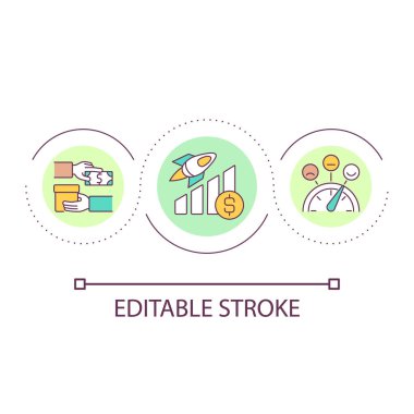 Müşteri tabanlı servis döngüsü ikonu. Müşteri memnuniyeti artıyor. İş geliştirme fikri soyut ince çizgi çizimi. İzole bir taslak çizim. Düzenlenebilir felç. Kullanılan Arial yazı tipi