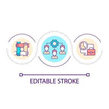 Çalışanların işbirliği döngüsü konsepti. Şirket stratejisi. Takım oluşturma işlemi. Profesyonel personel soyut fikir ince çizgi çizimi. İzole bir taslak çizim. Düzenlenebilir felç. Kullanılan Arial yazı tipi