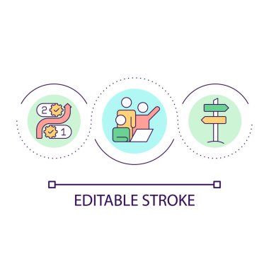 Şirket geliştirme yolu konsept simgesi. Esnek strateji. İş süreçleri. Şirket fikri soyut ince çizgi çizimi. İzole bir taslak çizim. Düzenlenebilir felç. Kullanılan Arial yazı tipi