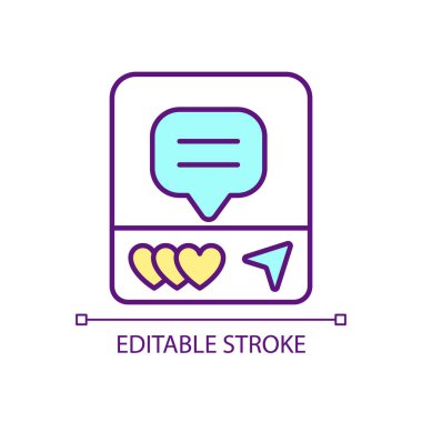 Sosyal medya etkileşimi RGB renk simgesi. Çevrimiçi iletişim. Mesajlar ve e-postalar. Mobil uygulama. İzole vektör çizimi. Basit bir çizgi çizimi. Düzenlenebilir felç. Kullanılan Arial yazı tipi