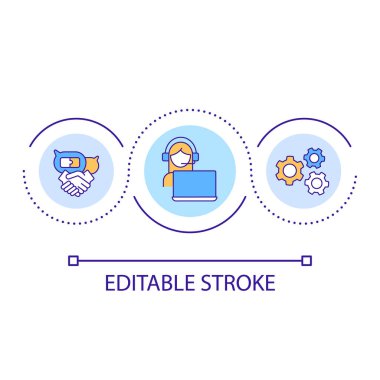 İş danışmanlığı döngü konsepti ikonu. Destek servisi. Merkezi ara. İletişim teknolojisi soyut fikir ince çizgi çizimi. İzole bir taslak çizim. Düzenlenebilir felç. Kullanılan Arial yazı tipi