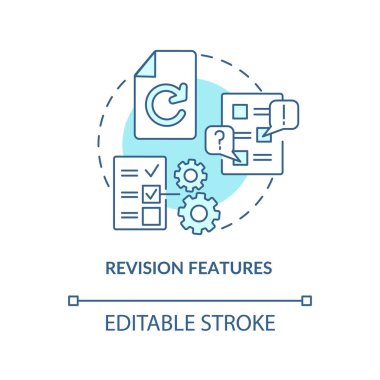 Revision features turquoise concept icon. Key CMS characteristic abstract idea thin line illustration. Media items. Isolated outline drawing. Editable stroke. Arial, Myriad Pro-Bold fonts used