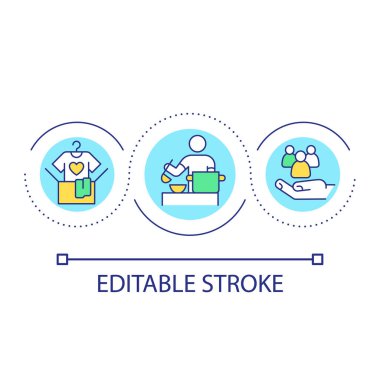 Hayır işi döngü konsepti ikonu. Gönüllü olma fırsatları soyut fikir ince çizgi çizimi. Giysi toplamak ve insanları beslemek. İzole bir taslak çizim. Düzenlenebilir felç. Kullanılan Arial yazı tipi