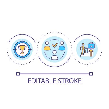 Motivasyon ve hedef döngü konsepti simgesi. Şirket hedefleri belirlemek soyut fikir ince çizgi çizimi. Başarılı bir iş. İzole bir taslak çizim. Düzenlenebilir felç. Kullanılan Arial yazı tipi