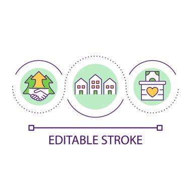 Toplum Vakfı Döngü Konsepti simgesi. Hayırsever kampanya fikri soyut ince çizgi çizimi. Cömert bir bağış. Hayırsever hizmet. İzole bir taslak çizim. Düzenlenebilir felç. Kullanılan Arial yazı tipi