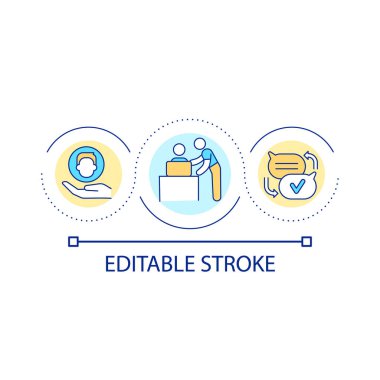 Personel destek döngüsü konsepti ikonu. Ekipte akıl hocası yardımı. Başarılı adaptasyon soyut fikir ince çizgi çizimi. İzole bir taslak çizim. Düzenlenebilir felç. Kullanılan Arial yazı tipi