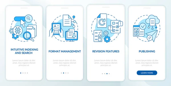 Content Management System Atributy Blue Onboarding Mobilní App Screen Procházka — Stockový vektor