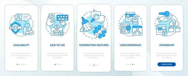 Commenting Platform Features Blue Onboarding Mobile App Screen Walkthrough Steps — Vetor de Stock