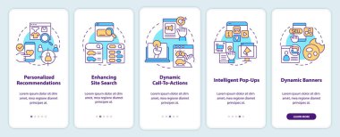 Boost conversation with dynamic content onboarding mobile app screen. Walkthrough 5 steps editable graphic instructions with linear concepts. UI, UX, GUI template. Myriad Pro-Bold, Regular fonts used