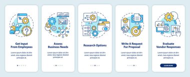 Choosing right CMS onboarding mobile app screen. Assess business needs walkthrough 5 steps editable graphic instructions with linear concepts. UI, UX, GUI template. Myriad Pro-Bold, Regular fonts used